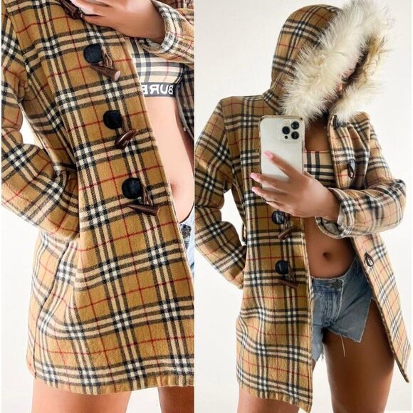 Authentic Vintage BURBERRY Beige Nova Check Wool Hooded Peacoat Size L - Picture 1 of 16